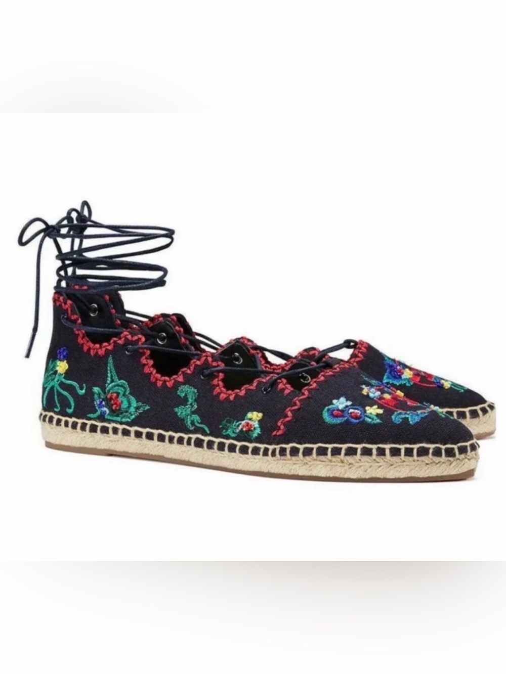 Tory Burch Navy Floral Embroidered Ghillie Lace Up Espadrille Flats Size 10 NWT